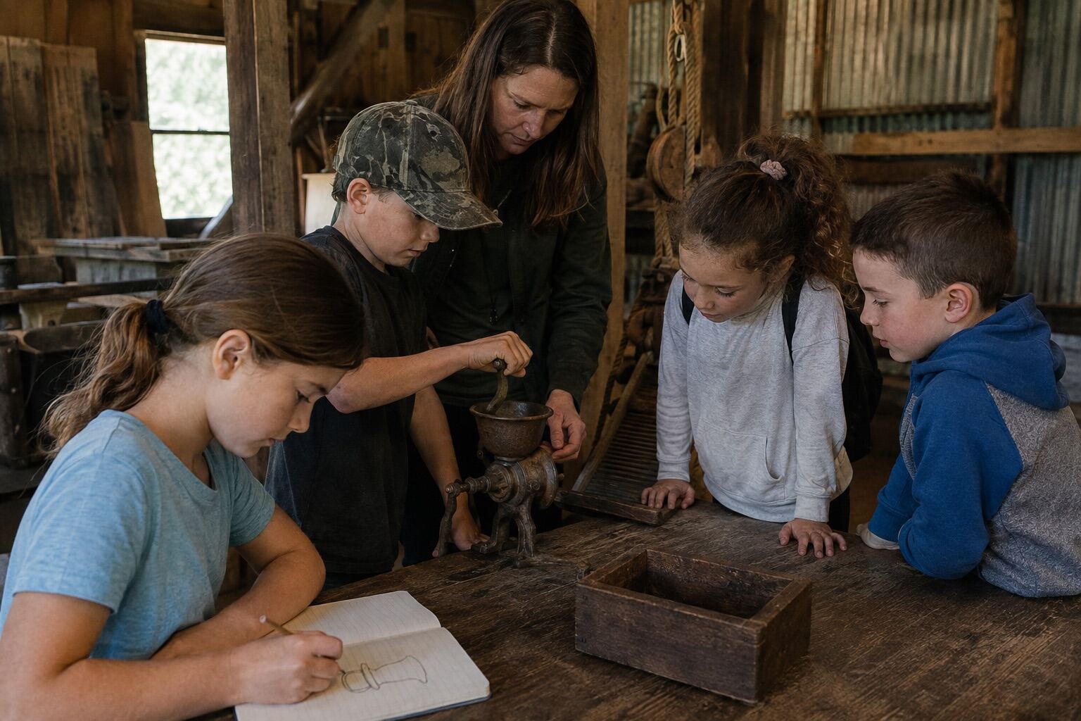 Children grinding arrowroot by hand and sketching the mill-era tools at Historic Rivermill