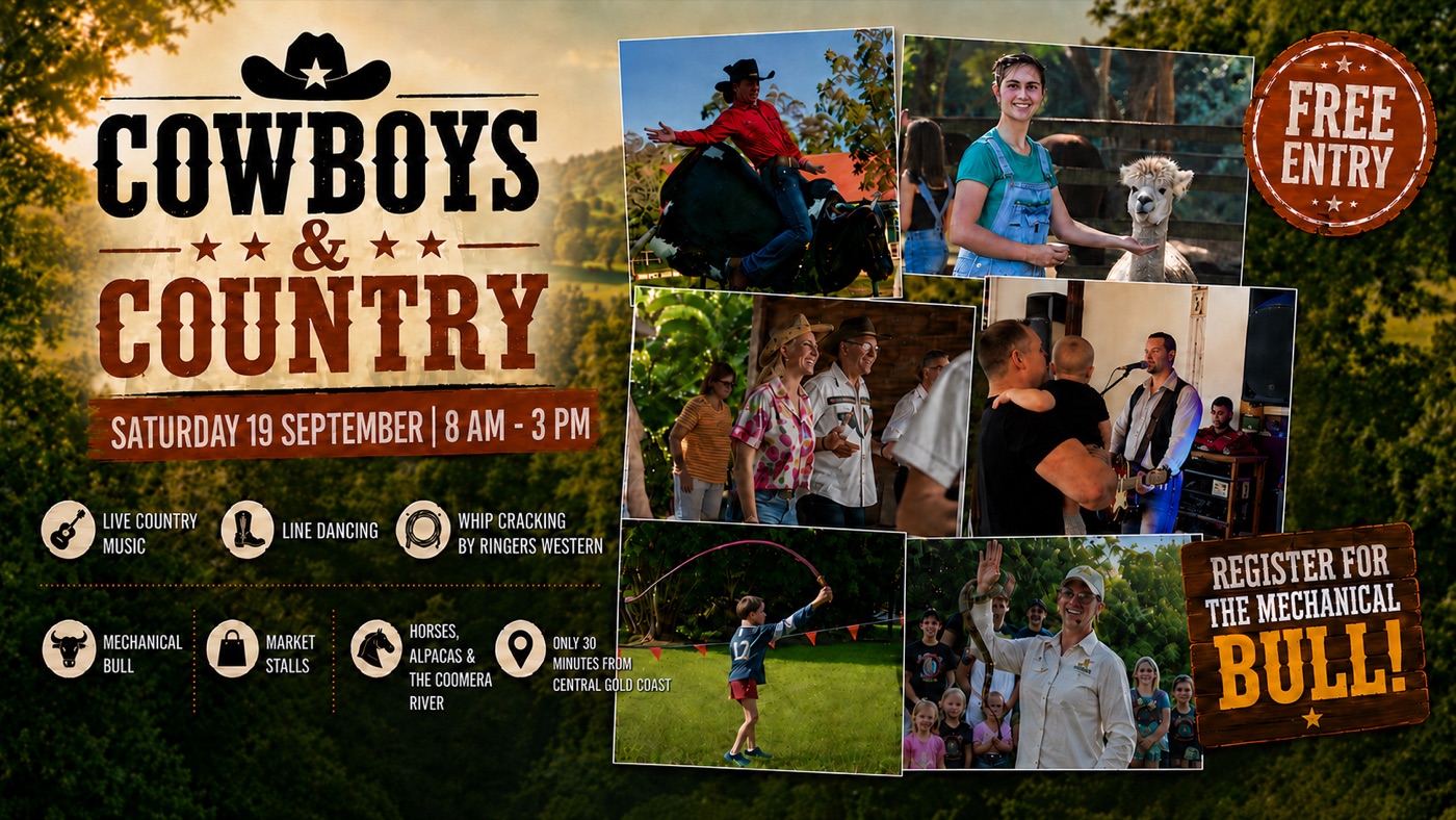 Cowboys & Country at Historic Rivermill — Saturday 19 September, 8 AM to 3 PM, free entry. Live country music, line dancing, whip cracking, mechanical bull, market stalls, horses and alpacas.