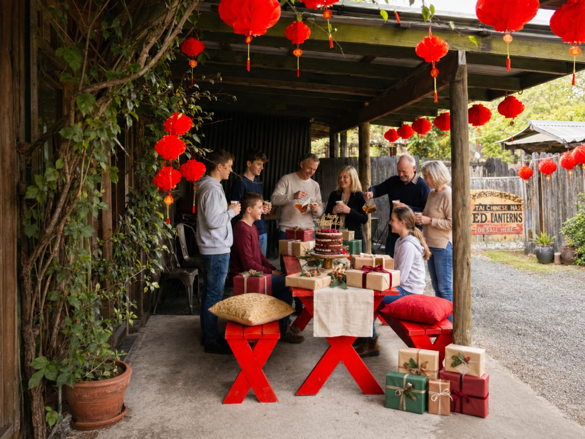 A family gathered with drinks around a cake and wrapped gifts beneath red paper lanterns at Historic Rivermill