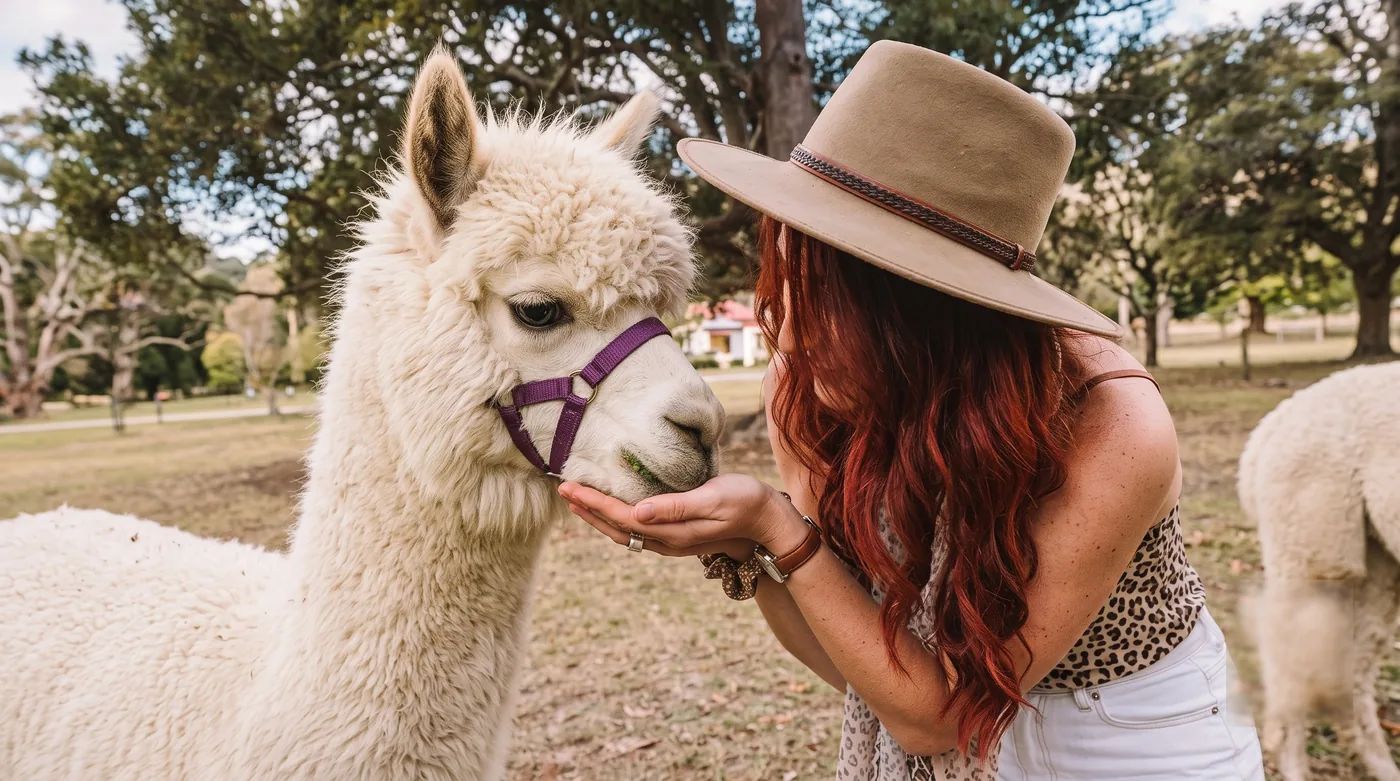 A visitor in a hat hand-feeding an alpaca at the petting zoo
