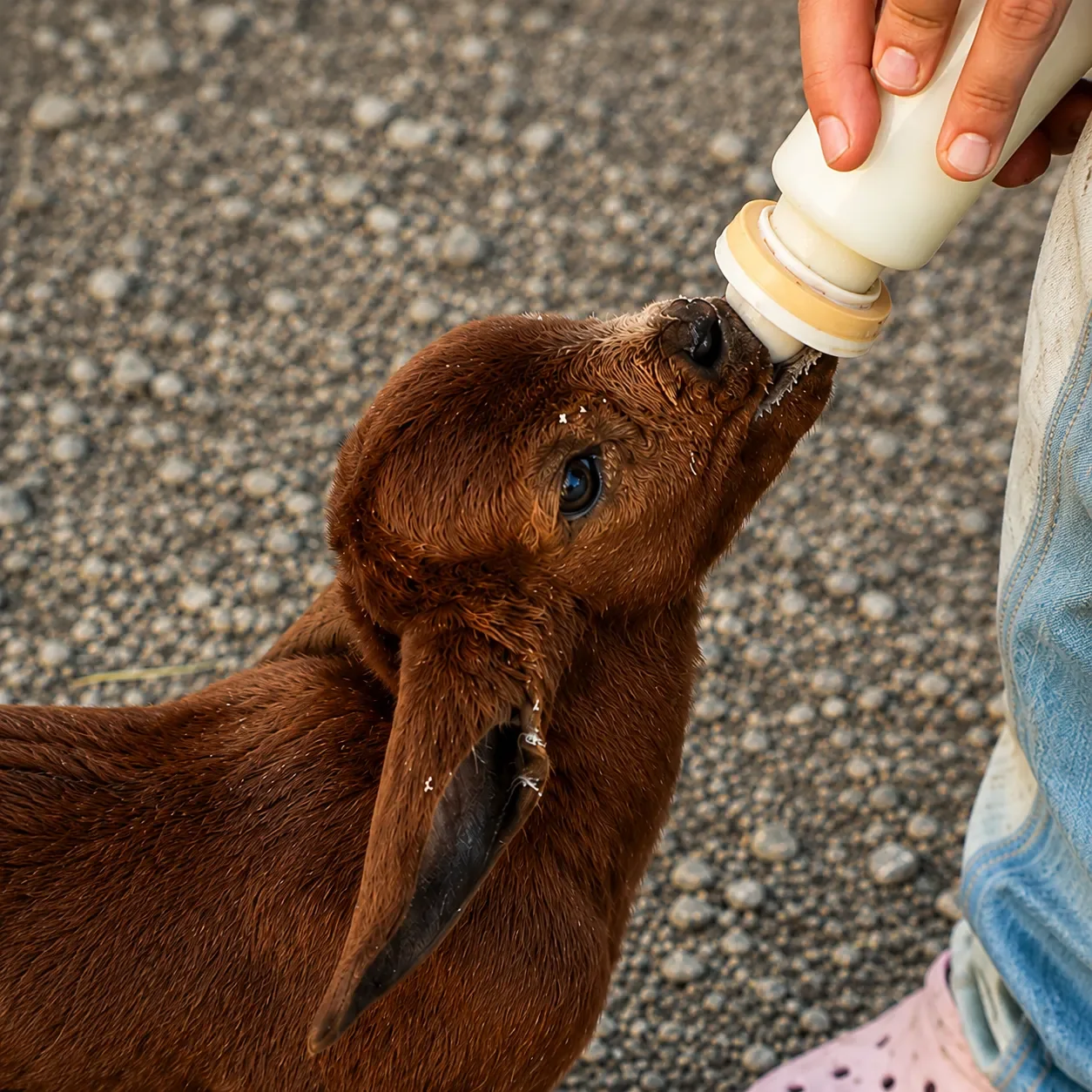 A child bottle-feeding one of the baby goats at Historic Rivermill