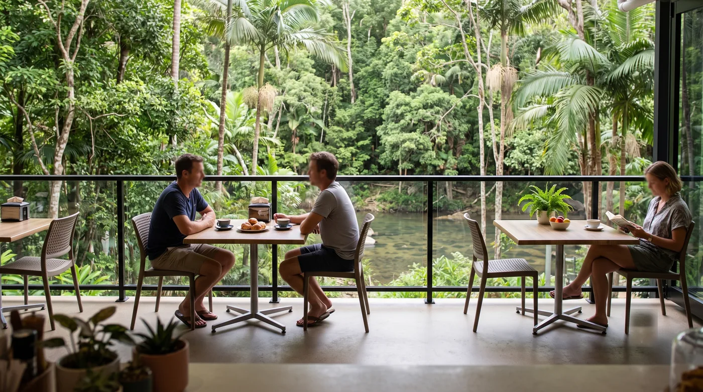 Guests enjoying coffee on the Riverview Café deck overlooking the rainforest and river