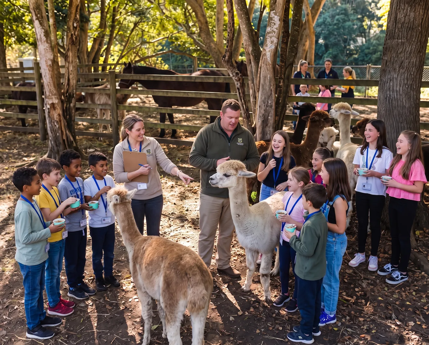 A school group meeting the alpacas with a guide at Historic Rivermill