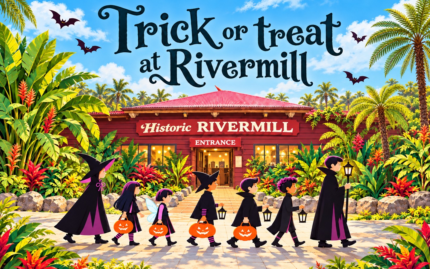 Illustration: children in Halloween costumes carrying pumpkin baskets past the Historic Rivermill entrance, under the words Trick or treat at Rivermill