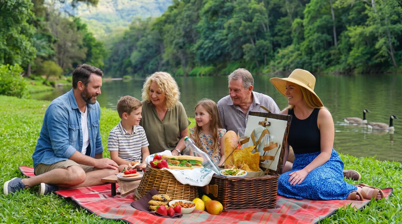 A family enjoying a picnic on a checked rug by the Coomera River