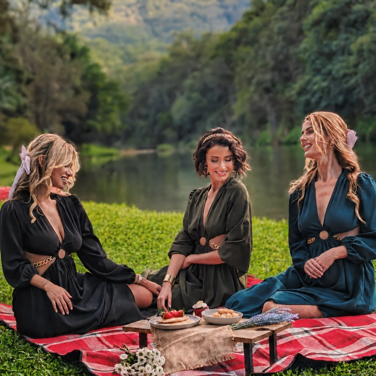 Three friends sharing a picnic spread on a rug by the Coomera River at Historic Rivermill