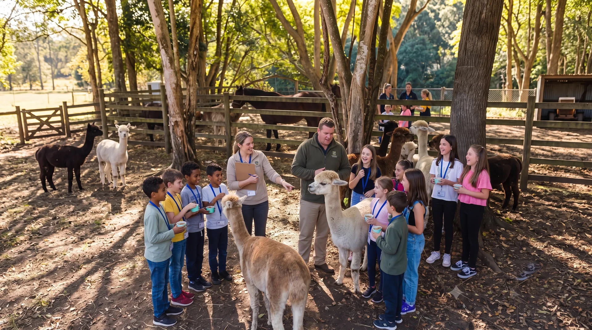 A school group meeting the alpacas with a guide during an excursion at Historic Rivermill, Gold Coast